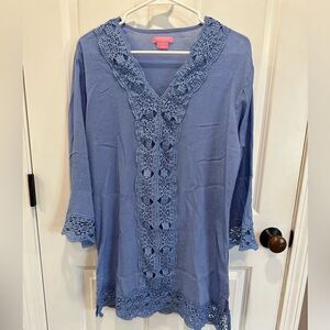 Isaac Mizrahi small blue midi dress with lace trim